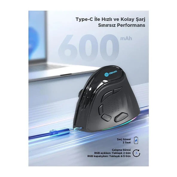 Dexim Type C Şarj Edilebilir Bluetooth Vertical RGB Mouse - Resim 8