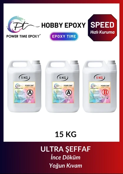 POWER TIME EPOXY 15 Kg Hobi Epoksi Speed/ Hızlı Kuruma/ Ultra Şeffaf ve Parlak Epoksi Reçine Ince Döküm Yoğun Kıvam ürün görseli 1