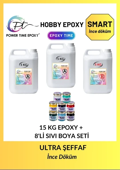 POWER TIME EPOXY 15 kg Hobby Epoxy Smart + 8li Sıvı Epoksi Boya Seti/ Ultra Şeffaf ve Parlak Epoksi Reçine Ince Döküm ürün görseli 1