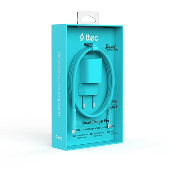 Ttec SmartCharger GAN 20W PD Seyahat Hızlı Şarj Aleti + USB-C - USB-C 3A Kablo Neon Mavi ürün görseli 1