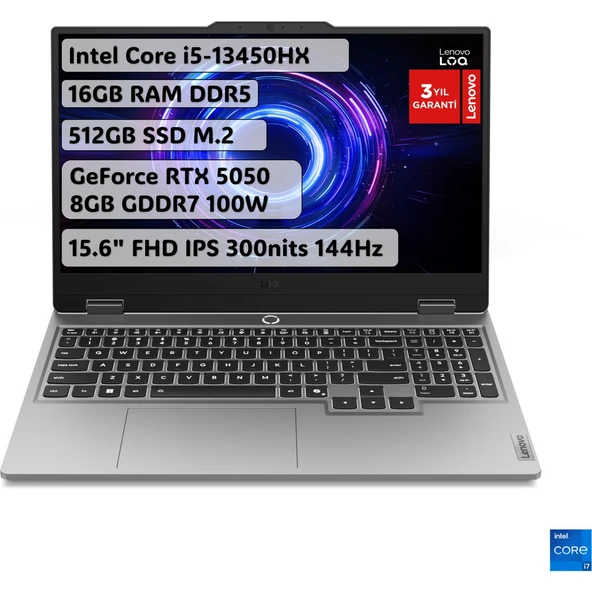 LOQ Intel Core i5 13450HX 16GB 512GB SSD RTX5050 Freedos 15.6" FHD 144Hz Taşınabilir Bilgisayar 83JE00JLTR ürün görseli 1
