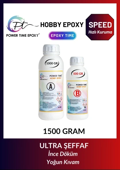 POWER TIME EPOXY 1500 gram Hobi Epoksi Speed/ Hızlı Kuruma/ Ultra Şeffaf ve Parlak Epoksi Reçine Ince Döküm Yoğun Kıvam ürün görseli 1