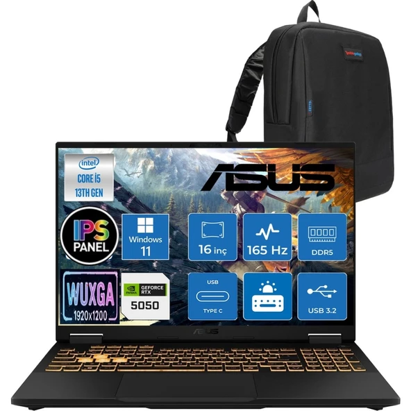 Asus Tuf Gaming F16 FX608JH 13.nesil Intel İ5-13450HX 64GB Ddr5 2tb SSD 8GB/RTX5050 115W 165Hz 16"wuxga Fhd+ 300NITS IPS WIN11 Pro Gaming Bilg. WRV082+CIMETEÇANTA ürün görseli 1