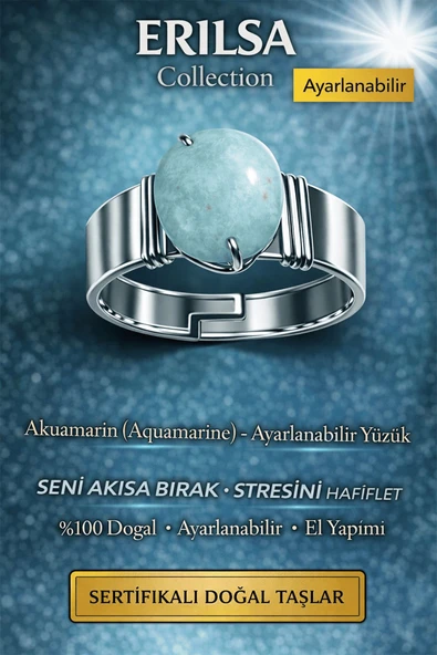 Sertifikalı Akuamarin Doğal Taş Ayarlanabilir Yüzük – Sakinleştirici Enerji Taşı El Yapımı ürün görseli 1