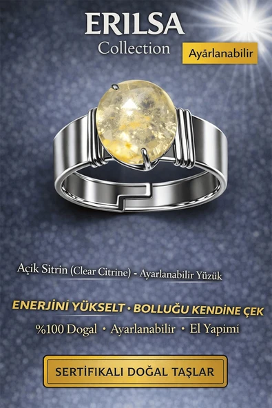 Sertifikalı Açık Şeffaf Sitrin Doğal Taş Ayarlanabilir Yüzük – Bolluk ve Bereket Taşı El Yapımı ürün görseli 1