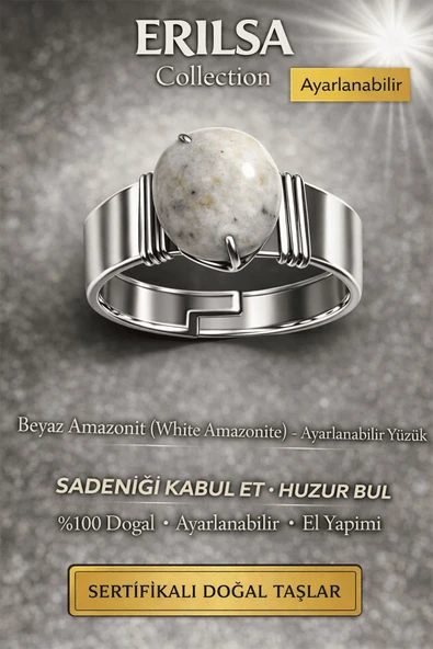 Sertifikalı Beyaz Amazonit Doğal Taş Ayarlanabilir Yüzük – Huzur ve Denge Taşı ürün görseli 1
