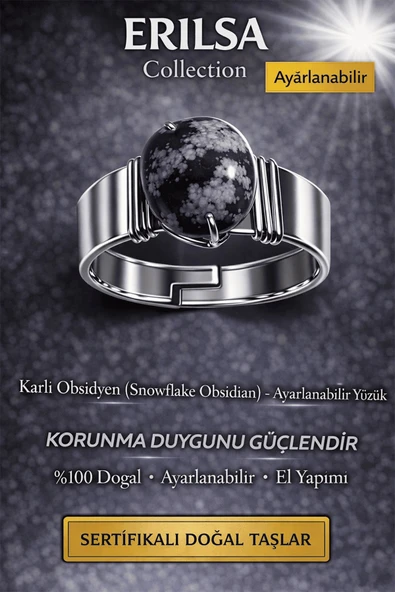 Sertifikalı Karlı Obsidyen Doğal Taş Ayarlanabilir Yüzük – Koruyucu Enerji Taşı El Yapımı ürün görseli 1