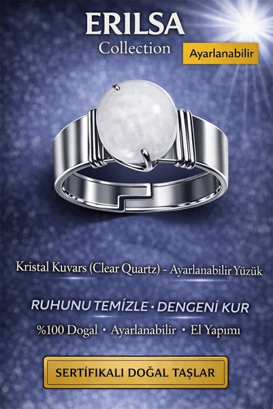 Sertifikalı Kristal Kuvars Doğal Taş Ayarlanabilir Yüzük – Şifa Enerji Taşı El Yapımı Unisex ürün görseli 1