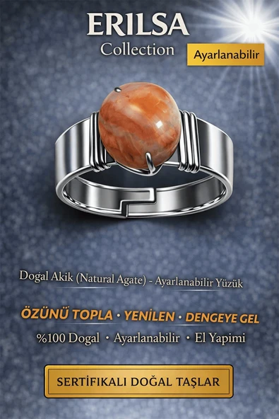 Doğal Kalsedonlu Akik Taşı Ayarlanabilir Yüzük – Enerji Dengeleyici Şifa Taşı El Yapımı ürün görseli 1