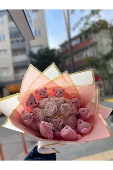 Merveparti Ayıcıklı Gül buketi Pembe, anneye sevgiliye ,eşe hediye çiçek ürün görseli 1