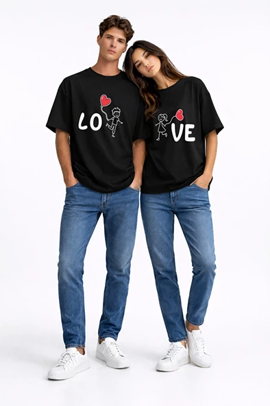 Sevgili Kombini Love Baskılı Çift Tişört Oversize Unisex Partner Kombin Seti ürün görseli 1