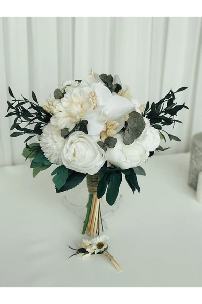 Almila Store Yeni Sezon Beyazın Büyüsü Gelin Buketi Ve Damat Yaka Çiçeği Yapay Çiçek Ve Şoklanmış Ot ürün görseli 1