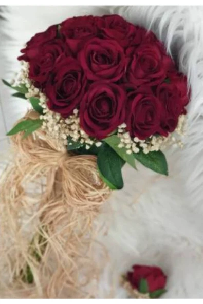Merveparti Kadife Bordo Güllü Ve Cipsolu Gelin Çiçeği Ve Damat Yaka Çiçeği Seti.gelin Buketi – Magnet, Hediyel ürün görseli 1
