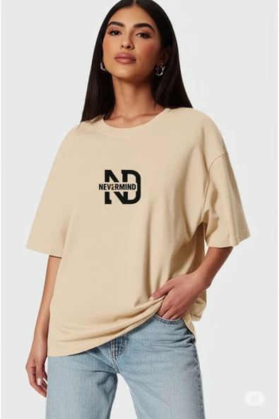 Oversize Tişört Kadın | "NEVERMIND" Baskılı Geniş Kalıp T-Shirt Unisex ürün görseli 1