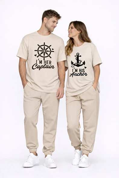 Sevgili Kombini Oversize Çift Tişört Unisex Captain Anchor Baskılı Matching Couple Partner 2'li Set ürün görseli 1