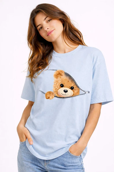 Fermuarlı Ayıcık Baskılı Kadın Tişört Oversize Sevimli Teddy Bear Baskılı Pamuk T-Shirt ürün görseli 1