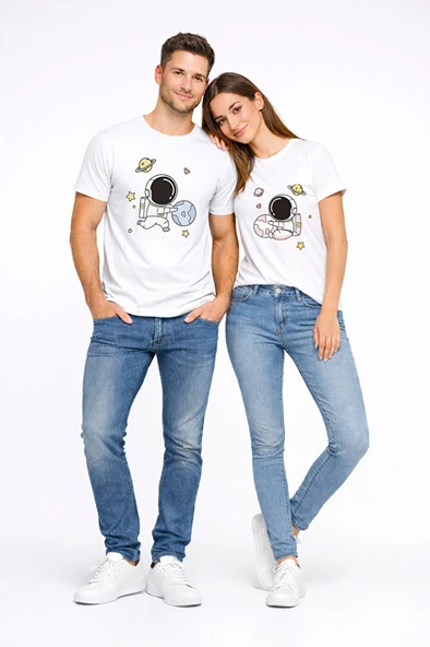 Sevgili Kombini Astronot Baskılı Çift Tişört Oversize Unisex Partner Tişört 2’li Set ürün görseli 1
