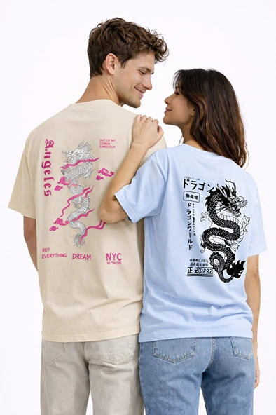 Sevgili Kombini Dragon Baskılı Çift Tişört Oversize Unisex Street Partner Kombin Seti ürün görseli 1