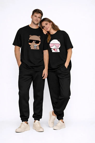 Sevgili Kombini Panda Bardak Baskılı Çift Tişört Oversize Unisex Partner Kombin Çift Seti Hediye ürün görseli 1