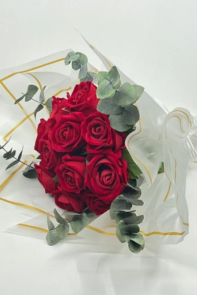 İklim Flowers Gerçek Görünümlü Okaliptus Süslemeli Yapay Kadife Gül Kız Isteme Buketi 11'li World 9 ürün görseli 1