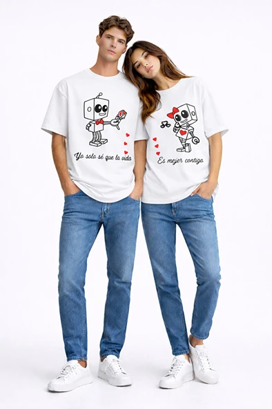 Sevgili Kombini Robot Baskılı Çift Tişört Oversize Unisex Partner Kombin Seti ürün görseli 1