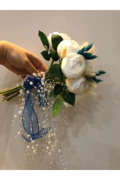 Nimet tasarım Mavi nikah çiçeği, mavi nişan buketi,incili gelin çiçeği,gelin buketi,beyaz şakayık gelin el buketi ürün görseli 1