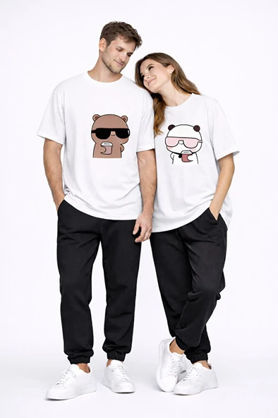 Sevgili Çift Tişört Panda Karakter Baskılı Partner Kombini Oversize Unisex Stil ürün görseli 1