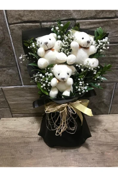 peluş 3 Lü Beyaz Ayıcık Buketi ürün görseli 1