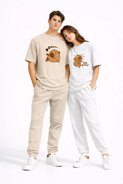 Sevgili Kombini Sevimli Ayı Baskılı Çift Tişört Oversize Unisex Partner Tişört 2'li Set ürün görseli 1