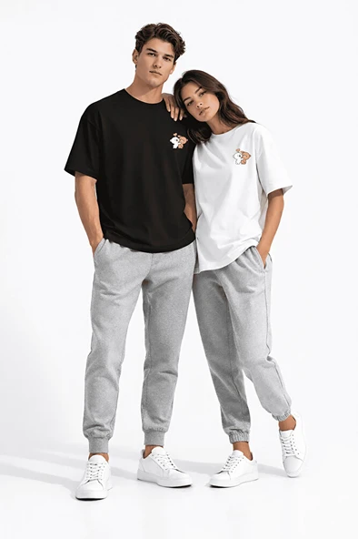 Sevgili Kombini Ayıcık Baskılı Çift Tişört Oversize Unisex Partner Kombin Seti ürün görseli 1