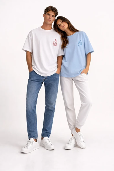 Sevgili Kombini Ateş Su Minimal Çift Tişört Oversize Unisex Partner Kombin Seti ürün görseli 1