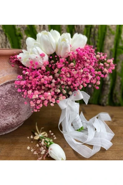 Merveparti Beyaz Lale Pembe Cipso Gelin El Buketi Ve Yaka Çiçeği Düğün Nişan  Kına ürün görseli 1