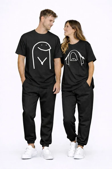 Sevgili Kombini Çift Tişört Oversize Unisex Matching Couple Minimal Çizim Tasarım Çift Kombin Seti ürün görseli 1
