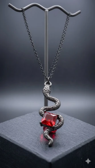 Gotik Stil Ruby Taşlı Yılan Figürlü Zincir Kolye - Resim 3