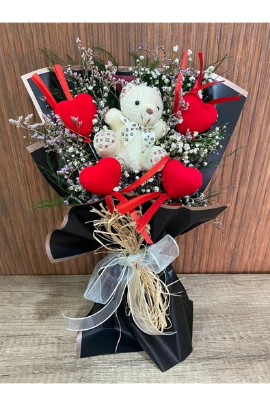 peluş Kalpli Beyaz Ayıcık Buketi ürün görseli 1