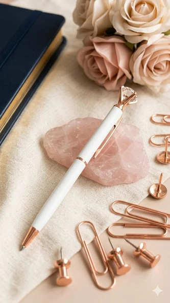 Rose Gold Detaylı Kristal Taşlı Beyaz Tükenmez Kalem ürün görseli 1