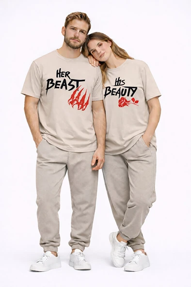 Sevgili Kombini Her Beast His Beauty Oversize Çift Tişört Unisex Partner Couple Kombin Seti ürün görseli 1