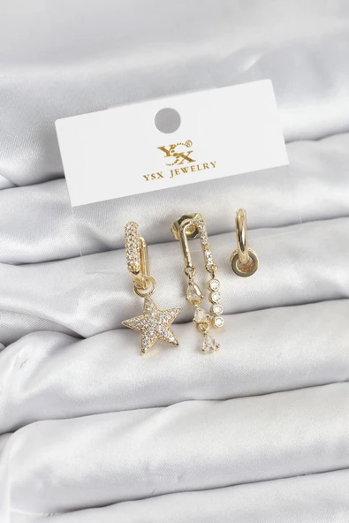 Pirinç Gold Renk Zirkon Taşlı Yıldız Vintage Model YSX Trio Küpe Seti ürün görseli 1