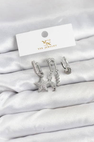Pirinç Gümüş Renk Zirkon Taşlı Yıldız Vintage Model YSX Trio Küpe Seti ürün görseli 1