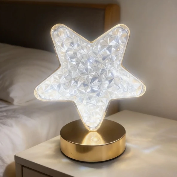 Yıldız Model Kristal LED Masa Lambası – Dokunmatik, 3 Renk Işık Modlu, Şarjlı Mini Dekoratif Gece Lambası GO53/1395 ürün görseli 1