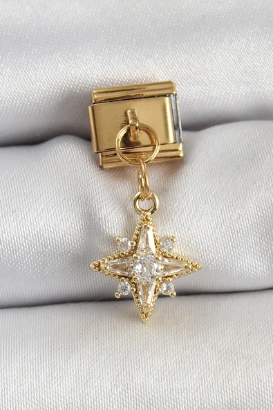 316L Çelik Sallantılı Zirkon Taşlı Kutup Yıldızı Model Gold Renk Nomination Charm ürün görseli 1