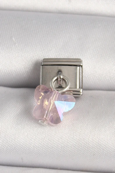 316L Çelik Gümüş Renk Pembe Zirkon Taşlı Kelebek Model Nomination Charm ürün görseli 1