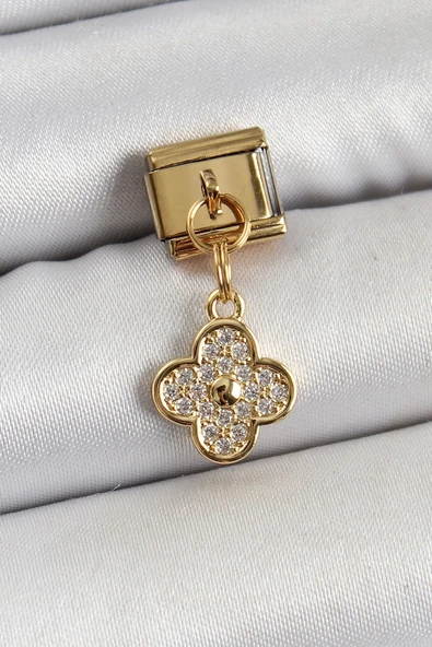 316L Çelik Sallantılı Zirkon Taşlı Yonca Model Gold Renk Nomination Charm ürün görseli 1