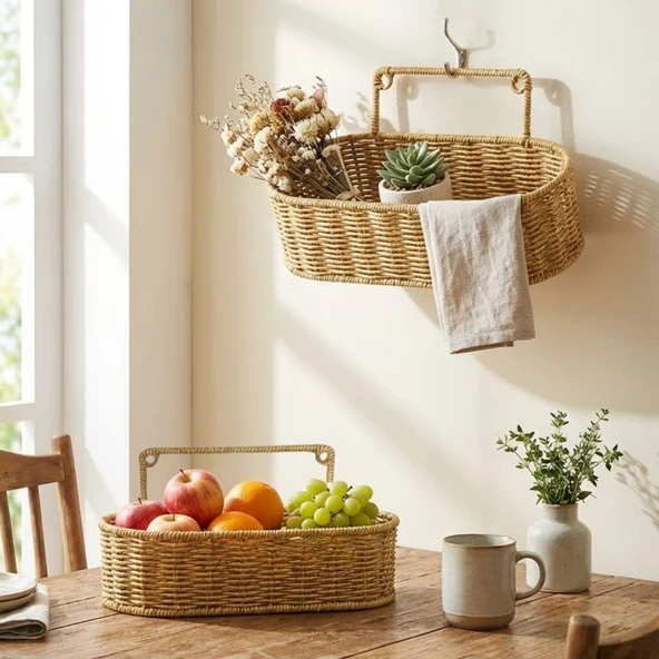 2’li Duvar Askılı Plastik Rattan Organizer – Oval Hasır Görünümlü Mutfak Raf Sepeti, Banyo ve Ev İçi Düzenleme Ünitesi GO53/1395 ürün görseli 1