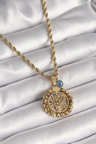 316L Çelik Gold Renk Burgu Zincir Dorika Yaşam Ağacı Figür Nazar Boncuk Detay Kadın Kolye ürün görseli 1