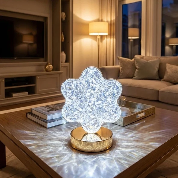 Çiçek Model Kristal LED Masa Lambası – Dokunmatik, 3 Renk Işık Modlu, Şarjlı Mini Dekoratif Gece Lambası GO53/1395 ürün görseli 1