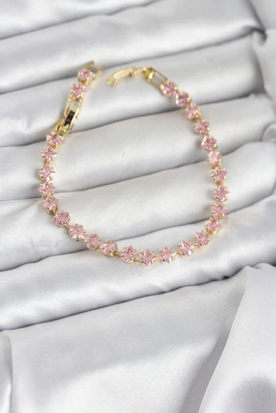Pembe Kare Zirkon Taşlı Gold Renk Pirinç Su Yolu Kadın Bileklik ürün görseli 1