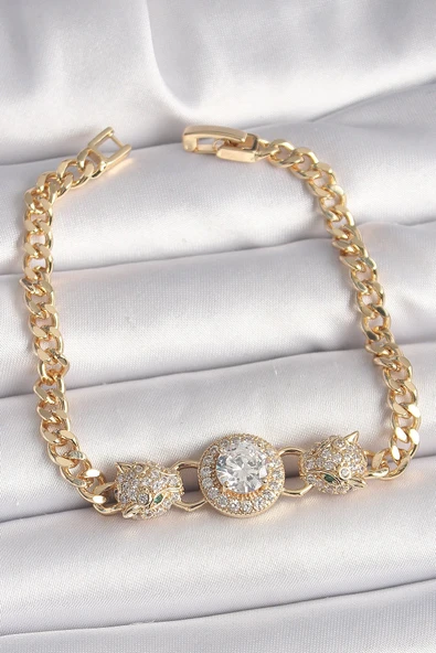 Pirinç Gold Renk Zirkon Taşlı Leopar Figür Zincir Model Kadın Bileklik ürün görseli 1