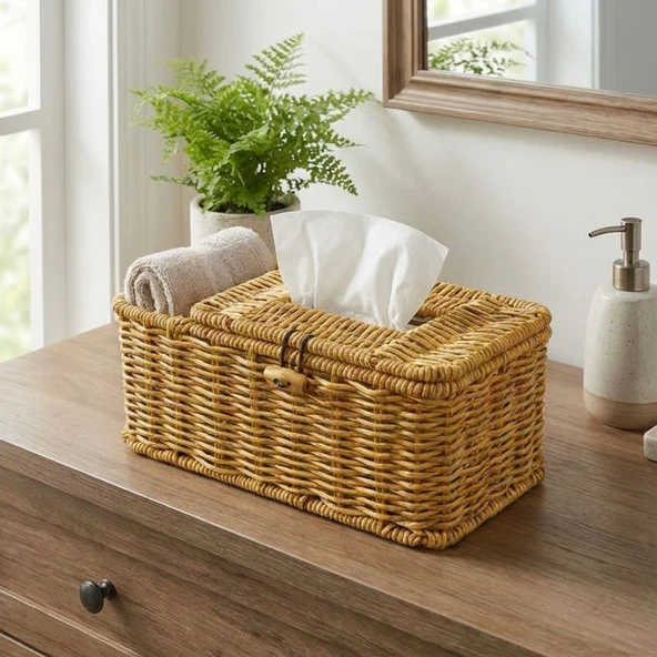 Bölmeli Kapaklı Doğal Rattan Görünümlü Hasır Makyaj, Takı ve Havlu Düzenleyici – Peçetelikli Çok Amaçlı Masaüstü Organizer Sepet GO53/1395 ürün görseli 1