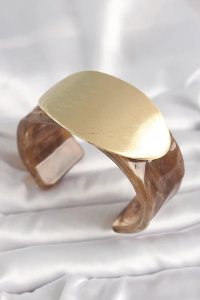 Kahverengi Mermer Desen Akrilik Plastik Gold Oval Plaka Model Vintage Kadın Bilezik ürün görseli 1